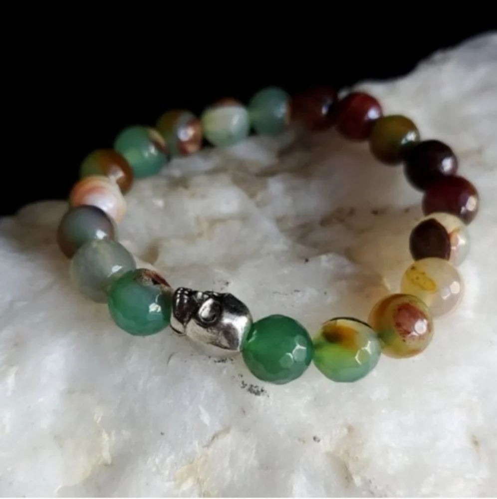 Genuine Agate Stones Human Rhodium/925 Silver Scall Head Bracelet